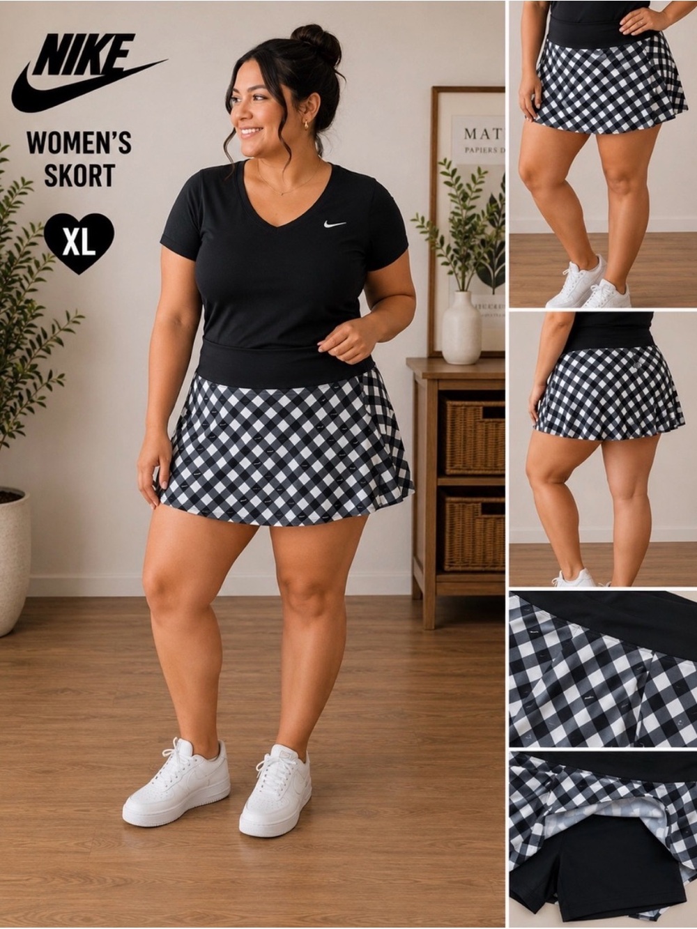 Nike Black & White Gingham Tennis/Goof Skort with Wide Waistband